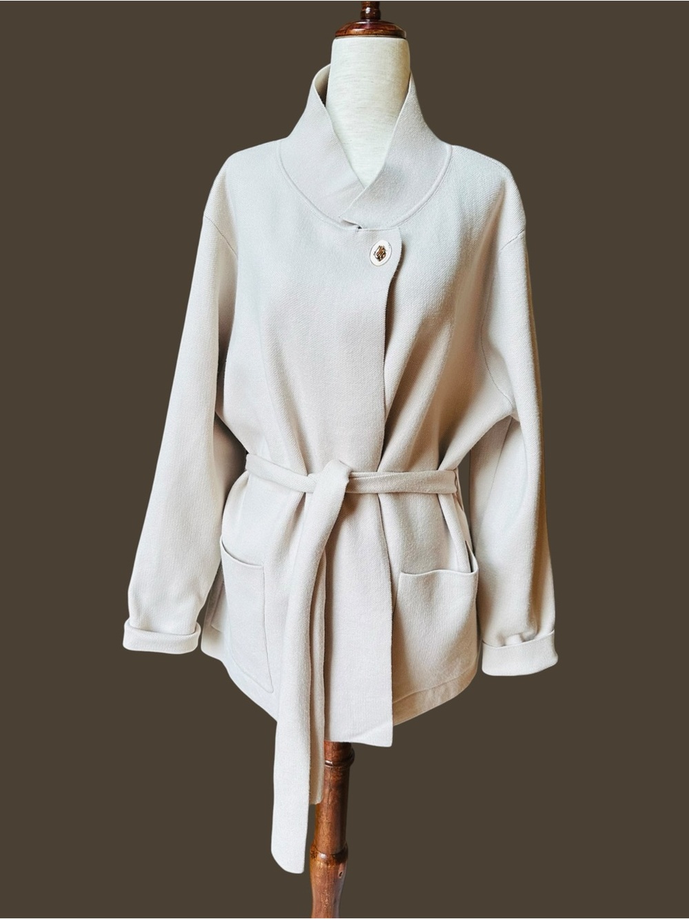Tahari Women's Knit Ivory Gray Belted Cardigan Jacket with Stand Collar, NWOT L